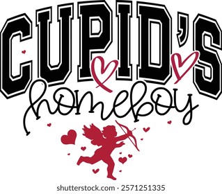 Cupid’s Homeboy - Happy Valentine's day T-shirt Design, Valentine Varsity T-shirt design, Retro Valentine, retro Varsity, Love Heart Vector file, boho varsity, boho design