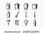 homebrew process elements with tanks, thermometer, bottle. fermentation and brewing tools engraved illustration collection. beer making tools and instruments hand drawn retro doodle design pack