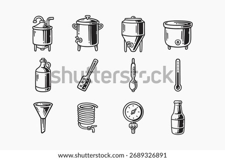 homebrew process elements with tanks, thermometer, bottle. fermentation and brewing tools engraved illustration collection. beer making tools and instruments hand drawn retro doodle design pack