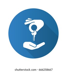 Homebuyer flat design long shadow glyph icon. Hand giving key to another hand. Vector silhouette illustration