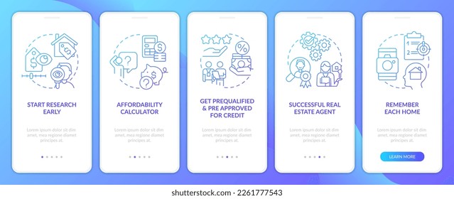 Homebuying process blue gradient onboarding mobile app screen. Buy property walkthrough 5 steps graphic instructions with linear concepts. UI, UX, GUI template. Myriad Pro-Bold, Regular fonts used