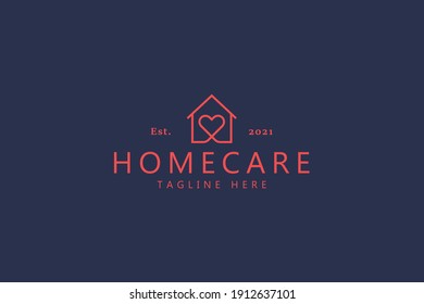 Tendencia del logotipo Homecare Love Heart. El Virus Corona Se Queda En Casa. Empresa de Bienes Raíces y Bienes Raíces. Seguro Alquilar Familia Feliz.