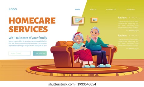 Homecare Services Cartoon Landing Page. Social Aid And Care For Old Patients At Home Concept. Happy Senior Couple Man And Woman With Phone Sit On Sofa In Their House, Vector Web Banner, Illustration