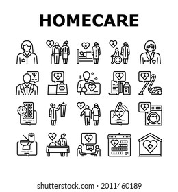 Homecare Services Collection Icons Set Vector. Volunteer Personal Care Elderly And Sick People, Dressing And Helping Washing Homecare Services Black Contour Illustrations