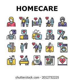 Homecare Services Collection Icons Set Vector. Volunteer Personal Care Elderly And Sick People, Dressing And Helping Washing Homecare Services Concept Linear Pictograms. Contour Color Illustrations