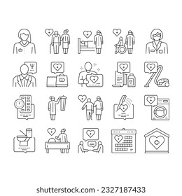 Homecare Services Collection Icons Set Vector. Volunteer Personal Care Elderly And Sick People, Dressing And Helping Washing Homecare Services Black Contour Illustrations