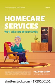 Homecare services poster. Concept of social aid and care for old patients at home. Vector flyer with cartoon illustration of happy elder man sitting in armchair in his house