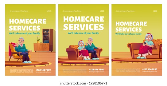 Homecare services posters. Social aid and care for old patients at home concept. Happy senior couple man and woman sitting in armchair or sofa in their house, Cartoon vector illustration, flyers set