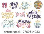 Homecoming 2026 vector lettering set, HOCO party graphic elements with disco ball, crown and bow. Hand drawn school dance typography, prom night celebration assets isolated on white.