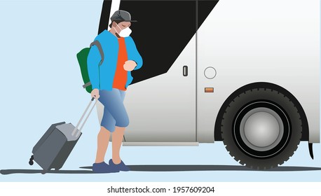 homecoming ahead of Eid Al-Fitr in Indonesia. People travel by bus and carry suitcase bags with colorful clothes. Illustration of going home during Ramadan