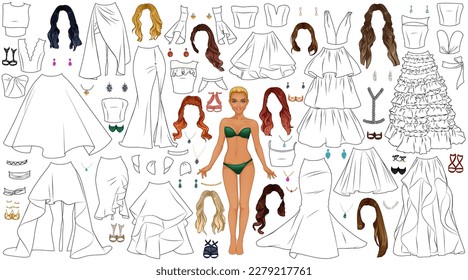 Homecoming Coloring Page Paper Doll mit Outfits. Frisuren, Schuhe und Accessoires. Vektorgrafik