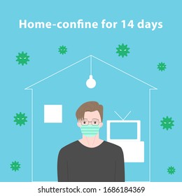 Home-confine for 14 days flat vector illustration.characters  use medical mask on background.Covid 19