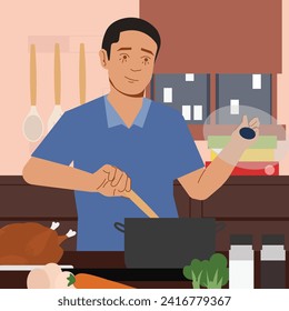 homecook cooking soup in kitchen in flat illustration