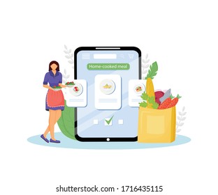 Home-cooked meals online ordering flat concept vector illustration. Certified home kitchen. Female cook with dishes 2D cartoon character for web design. Homemade food delivery service creative idea