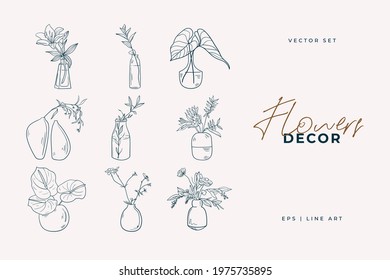 Homeflowers Botanical logo outline drawing. Minimal floral vintage style. Doodle plant vector illustration. Pure nature organic brush. Line drawing. Botanical floral badge. Eco product emblem.