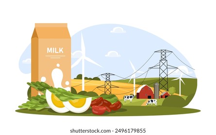 Homegrown food concept. Packaging of milk with eggs, tomatoes and lettuce. Natural and fresh products, organic eating. Farming and agriculture. Flat vector illustration isolated on white background