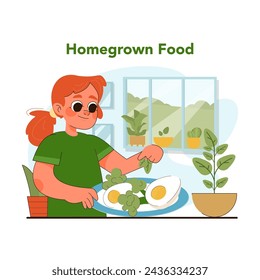 Homegrown food concept. Young girl proudly presents meal with vegetables from windowsill garden, celebrating the joys of growing and eating your own food. Eco friendly hobby. Flat vector illustration