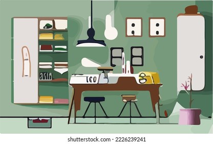 Home,Interiors, Living Room, Kitchen, Houseware, Kitchenware Illustration Vector Cartoon Drawing