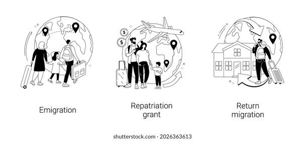 Conjunto de ilustraciones vectoriales de concepto abstracto del hogar. Emigración, prima de repatriación, migración de retorno, residencia extranjera, país residente, traslado al extranjero, vuelo a casa, trabajo ofrecen una metáfora abstracta.