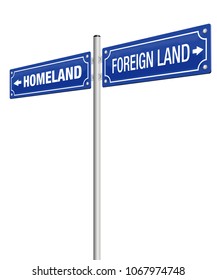 HOMELAND and FOREIGN LAND, written on two signposts. Symbol for emigration, flight, expulsion, banishment, exile, exodus and homesickness - isolated vector illustration on white background.