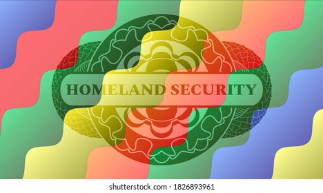 homeland security text inside Colorful candy realistic emblem. Curvy handsome background. Intense illustration. 