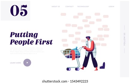 Homeless Adult Poor Bum Need Help Website Landing Page. Beggar Character Wearing Ragged Clothing Pick Up Garbage on Street and Put it to Shopping Cart Web Page Banner. Cartoon Flat Vector Illustration