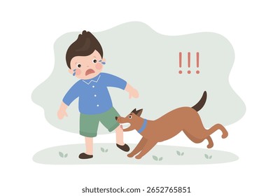 Homeless aggressive dog attacks and bites little boy. Frightened male character is afraid of an angry street dog. Rabies in animals, the danger of non-domestic dogs to humans. flat vector illustration