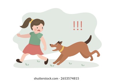 Homeless aggressive dog attacks little girl. Frightened female character is afraid and run away from angry street dog. Rabies in animals, danger of non-domestic dogs to humans. vector illustration