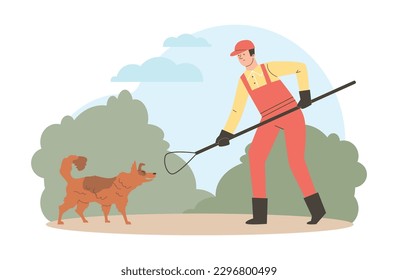 El hombre del servicio de control de animales sin hogar atrapa al perro callejero con una herramienta especial de estilo plano, ilustración vectorial aislada en fondo blanco. Animal agresivo, servicio de control, elemento de diseño