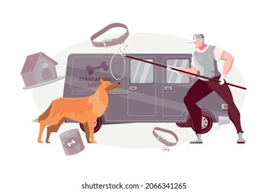 Homeless animal flat composition with dog catchers van and man with scoop net vector illustration