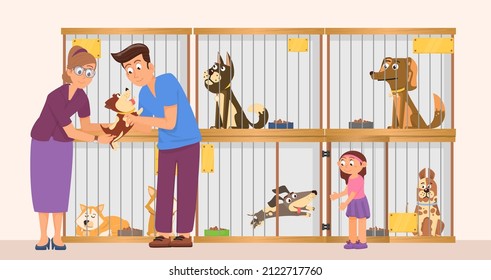 Homeless animals. Adopted pet, man and girl in dog shelter choose new friend. Dogs in cages, cute home puppy in volunteer center, decent vector scene