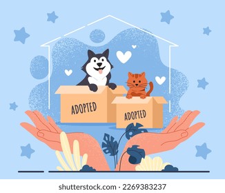 Homeless animals care. Large hands hold cardboard box with dog and cat and inscription adopted. Cute pets and domestic animals. Generosity and kindness, charity. Cartoon flat vector illustration