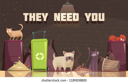 Homeless animals poster with cats near trash containers and they need you headline flat vector illustration