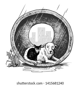 Homeless animals in the rain-protected shelter.
International Homeless Animals Day. Pets adoption concept.Monochrome vector illustration.
