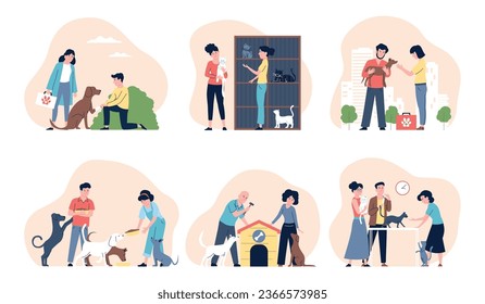Homeless animals scenes. Pets care and volunteering, veterinary help and animal shelter workers. Volunteers give food and home, recent vector concept
