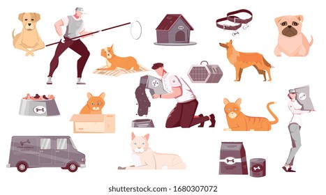 Homeless animals set of flat isolated images with pets characters of catchers with transport and equipment vector illustration