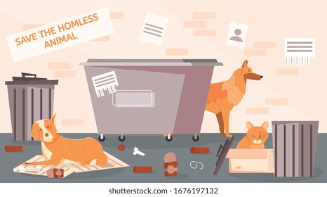 Homeless animals street flat composition with view of backstreet spot and pets surrounded by trash cans vector illustration