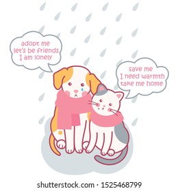 Homeless Animals. They Need Love. Dog And Cat In The Rain. Vector Illustration