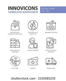 Homeless Assistance And Care - Line Design Style Icons Set With Editable Stroke. Provisions And Delivery, Warming Center, Social Worker, Help Line, Ambulance And Psychological Support For Addicts Idea