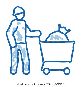 homeless with bag in shop cart sketch icon vector. Hand drawn blue doodle line art homeless with bag in shop cart sign. isolated symbol illustration