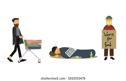 Homeless Bearded Male Standing with Cardboard Sign Begging for Help Vector Illustration Set