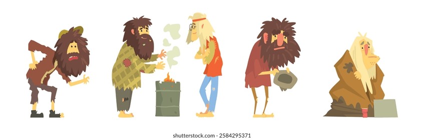 Homeless Bearded Man Beggar Characters in Rags Living on the Streets Vector Set