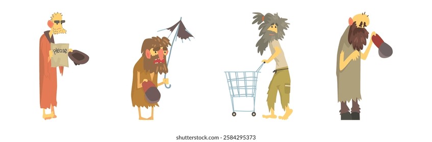 Homeless Bearded Man Beggar Characters in Rags Living on the Streets Vector Set