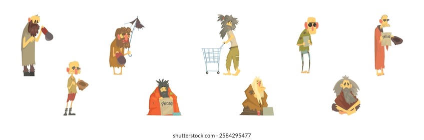 Homeless Bearded Man Beggar Characters in Rags Living on the Streets Vector Set