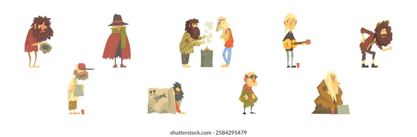 Homeless Bearded Man Beggar Characters in Rags Living on the Streets Vector Set