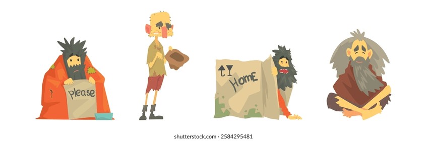 Homeless Bearded Man Beggar Characters in Rags Living on the Streets Vector Set