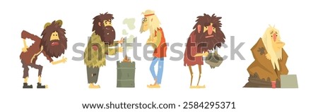 Homeless Bearded Man Beggar Characters in Rags Living on the Streets Vector Set