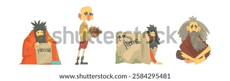 Homeless Bearded Man Beggar Characters in Rags Living on the Streets Vector Set