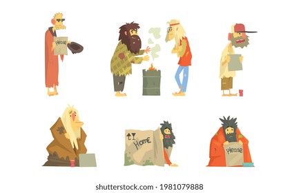 Homeless Bearded Man Characters in Rags Living on the Streets Looking Shabby and Hungry Vector Set