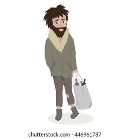 Homeless. Bearded Man in dirty rags. Vector Illustration